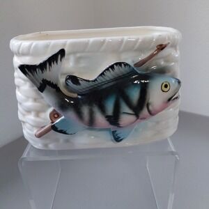 VTG 3D Ceramic Trout Salmon Planter Trinket Sportsman Fishing‎ Rod MCM Man Cave